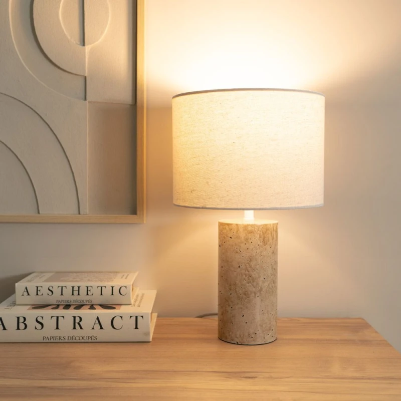 Image of ValueLights Cloe Pair of Marble Effect Natural Table Lamps with Drum Shades and LED Bulbs Cream