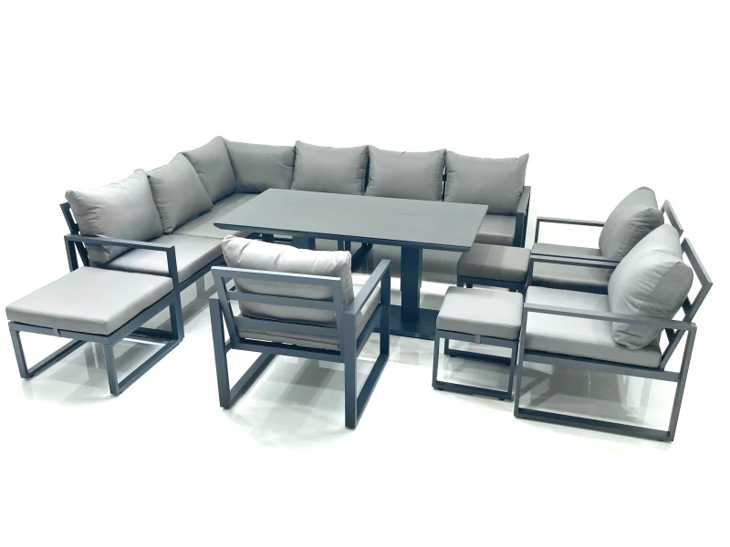 Image of Fimous Aluminum Outdoor Garden Furniture Set Corner Sofa 3 Chair 3 Footstools Adjustable Rising Lifting Dining Table Sets Dark Grey Dark Grey Unisex