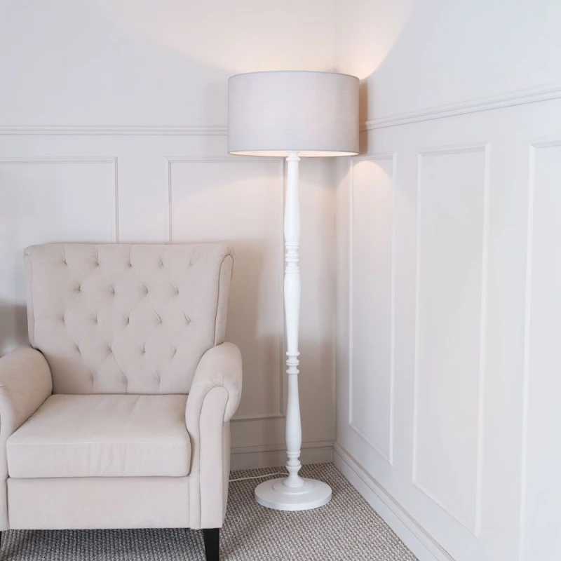 Image of ValueLights Victoria White Wood Traditional Stem Floor Lamp with Fabric Drum Shade Grey