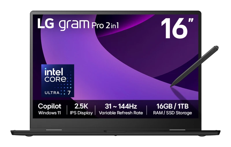 Image of LG LG Gram Pro 2in1 16T90TP-G 16" Hybrid AI 2-in-1 Laptop - Intel Core Ultra 7 255H, 1TB SSD, 16GB RAM - Black - [2025] 16T90TP-G.AA78A1