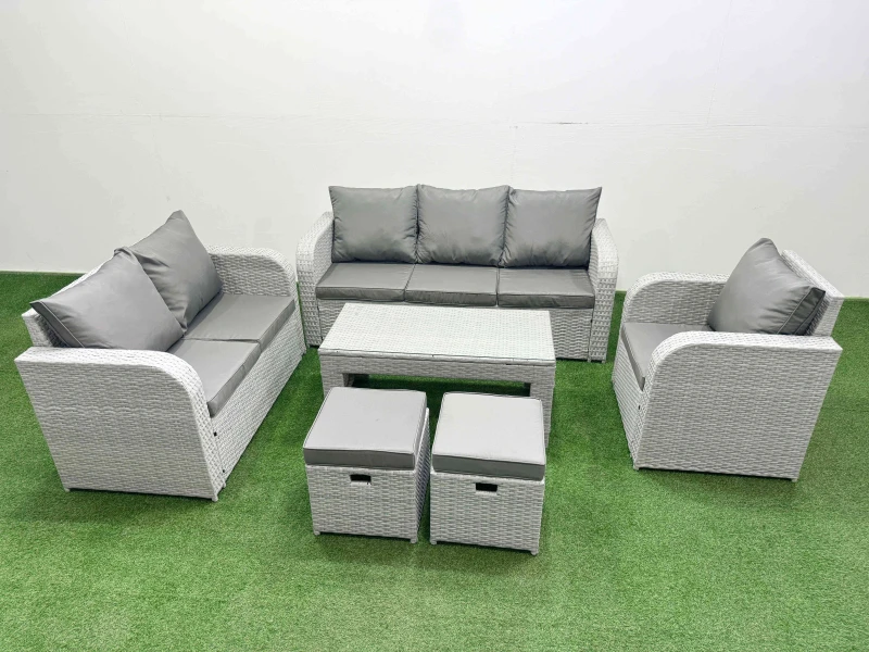 Image of Fimous Patio PE Wicker 8 Seater Outdoor Rattan Furniture Sofa Sets with Oblong Coffee Table Reclining Chair Loveseat Sofa 3 Seater Sofa Stool Light Gr