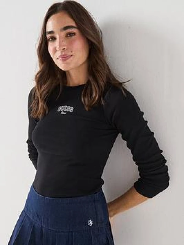 Image of Guess Womens Embro SlimT Long Sleeve T-Shirt - Black Female 12