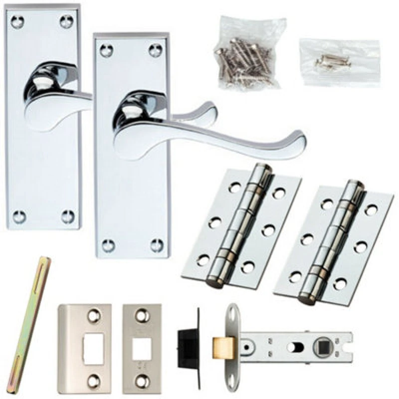 Image of Loops Door Handle & Latch Pack Chrome Victorian Scroll Lever Backplate 120 x 41mm Multi