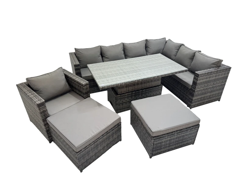 Image of Fimous 9 Seater Rattan Corner Sofa Sets with Chair 2 Big Stools in Dark Grey Dark Grey Unisex