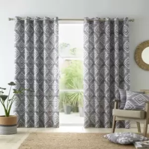 Image of Catherine Lansfield Aztec Geo Print 100% Cotton Lined Eyelet Curtains, Charcoal, 66 x 90 Inch