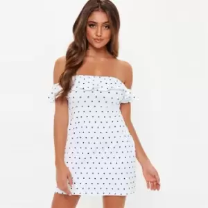 image of Missguided Polka Dot Bardot Frill Dress - White