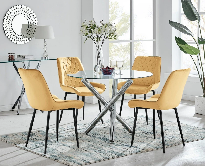 Image of FurnitureboxUK FurnitureboxUK Selina Round Glass Chrome Leg Dining Table and Pesaro Black Leg Chairs in Mustard Size: 4 Person Mustard 4 Person Unis