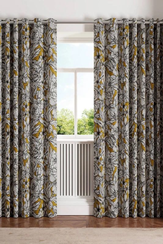 Image of Ted Baker 'Vietnm' Cotton Lined Curtains in Gold Size: 228cm width x 137cm drop Gold 228cm width x 137cm drop Unisex 5016709730655