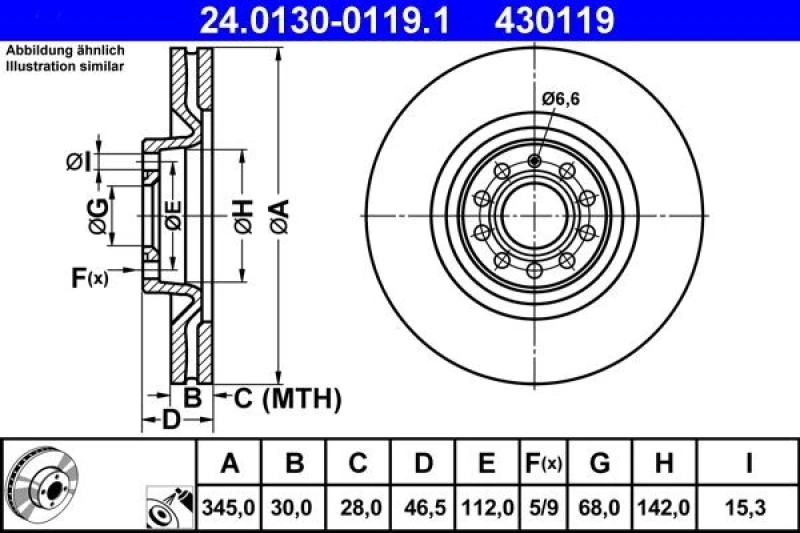 Image of ATE 24.0130-0119.1 Brake disc Vented, Coated, High-carbon Brake Disc (82)