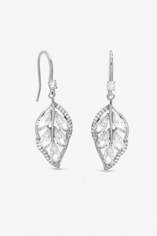 Image of Jon Richard Womens Rhodium Plated & Crytal Leaf Drop Earrings in Silver Silver Female One Size