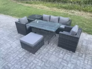 Image of Fimous 5 Seater Outdoor Dark Grey Wicker Rattan Lounge Complete Sofa Set with Rectangular Dining Table, Side Table, and Big Footstool