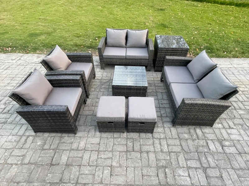 Image of Fimous Rattan Garden Furniture Set 8 Seater Patio Outdoor Lounge Sofa Set with Square Coffee Table Double Seat Sofa Side Table in Dark Grey Dark Grey