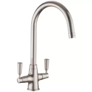 Image of Kitchen Sink Basin Dual Lever Mono Traditional Mixer Tap Swivel Spout Brushed