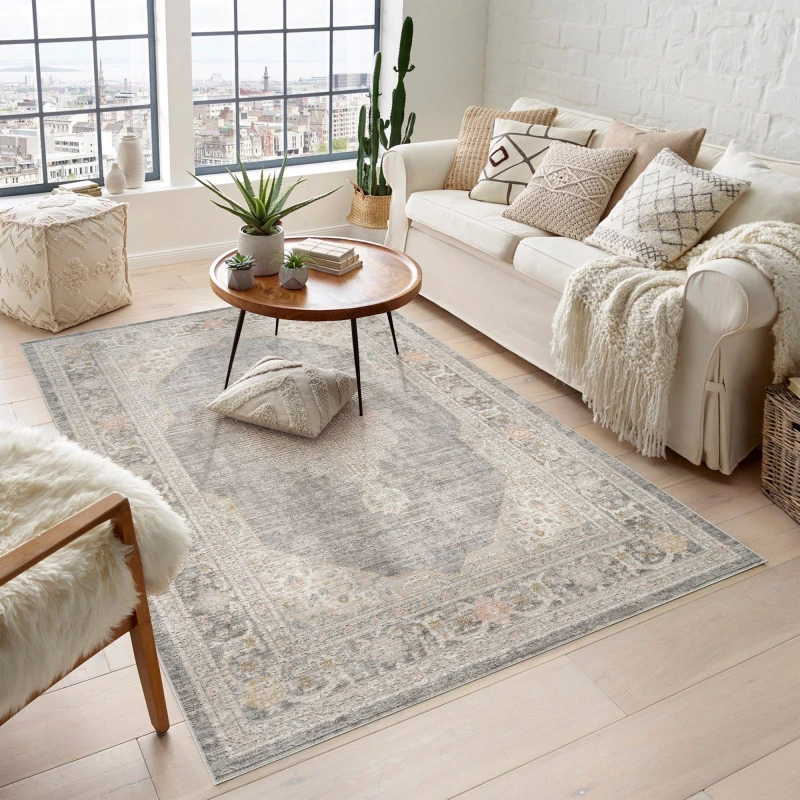 Image of Maia Washable Low Pile Non Slip Orchid Traditional Area Rug - Grey, 120 X 180 Cm (Rectangular)