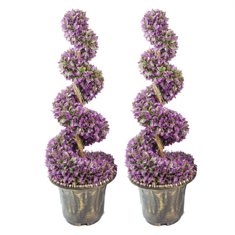 Image of Leaf Design 90cm Pair of Purple Large Leaf Spiral Topiary Trees with Decorative Planters