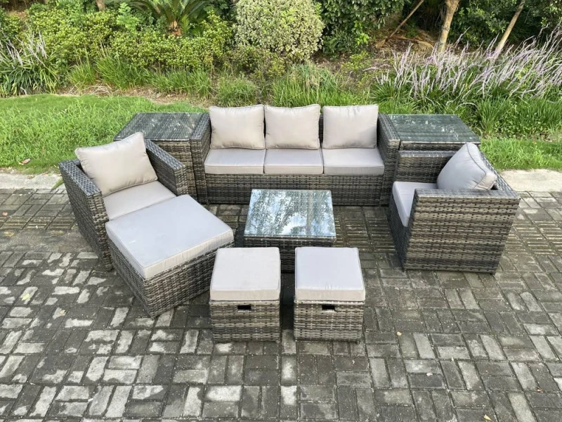 Image of Fimous Wicker Rattan Garden Furniture Sofa Set with 2 Side Tables Armchair Square Coffee Table 3 Footstools 8 Seater Dark Grey