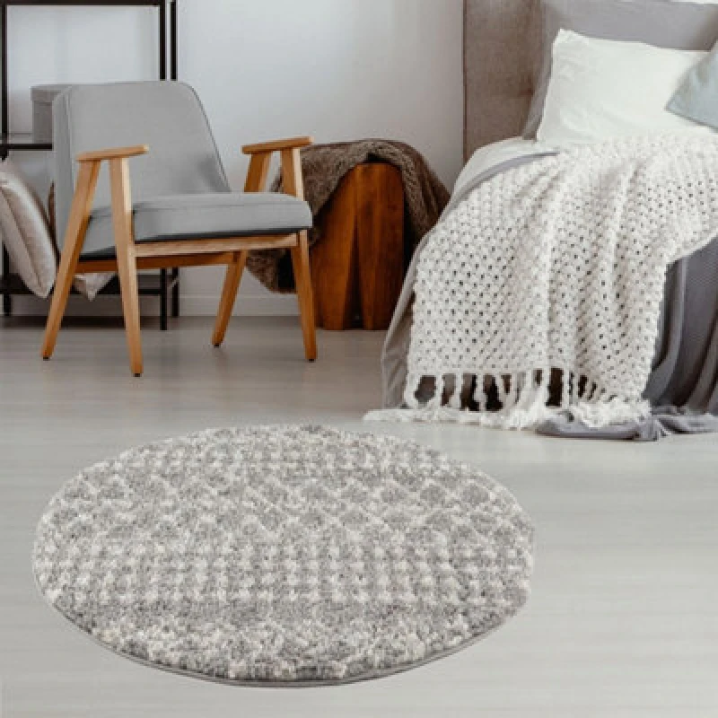 Image of THE RUGS Soft Moroccan Diamond Shaggy Rugs & Runners Grey Ivory Living Room Size: 120cm diameter Grey Unisex 120cm diameter
