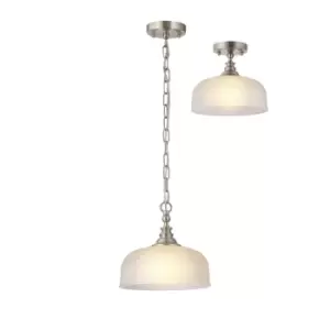 image of DeRuyter Flush, Single Ceiling Pendant, Adjustable E27, Satin Nickel, Frosted Glass