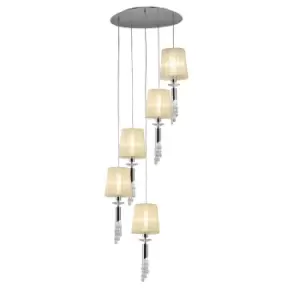 Image of Tiffany Pendant 5+5 Light E27+G9 Spiral, Polished Chrome With Cream Shades & Clear Crystal