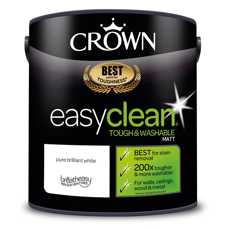 Image of Crown Paints Easyclean Matt Emulsion - Washable & Wipeable Multi Surface Interior Paint - Pure Brilliant White - 2.5L, White 5093431