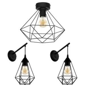 Image of Low Ceiling Light & 2x Matching Wall Lights Black Geometric Wire Cage Shade