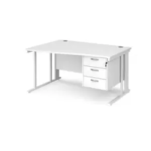 Image of Office Desk Left Hand Wave Desk 1400mm With Pedestal White Top With White Frame Maestro 25 MCM14WLP3WHWH