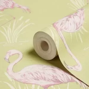 Image of Arthouse Lagoon Green & Pink Flamingos Textured Wallpaper