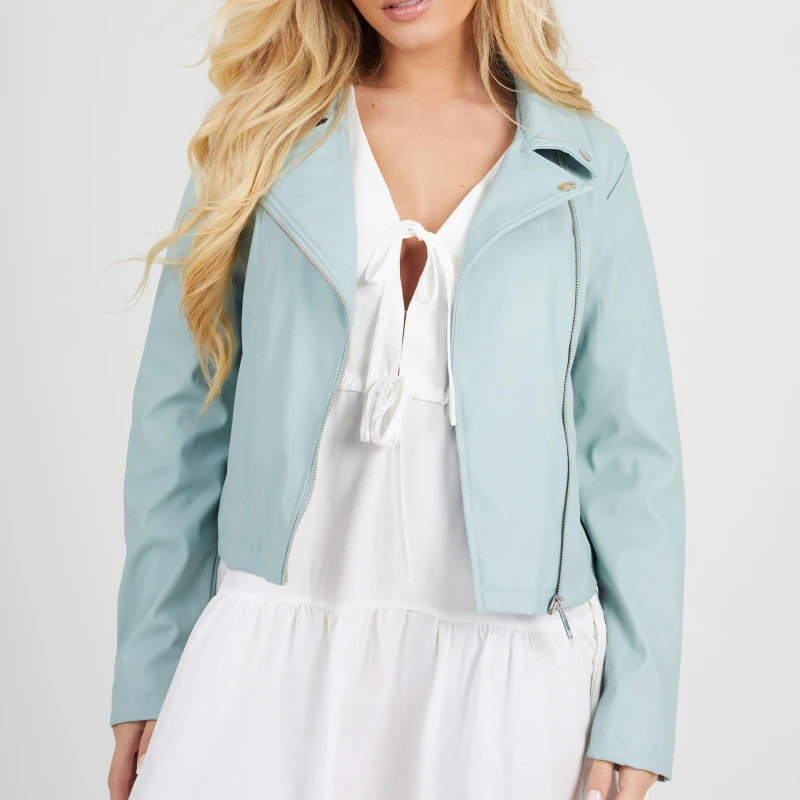 Image of Brave Soul BS Womens Faux Leather Sage Green Biker Jacket Sage Green female 8 (XS)