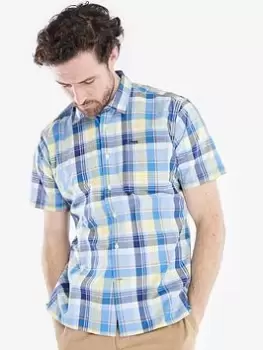Image of Barbour Bernard Linen Mix Short Sleeve Shirt, Blue, Size L, Men