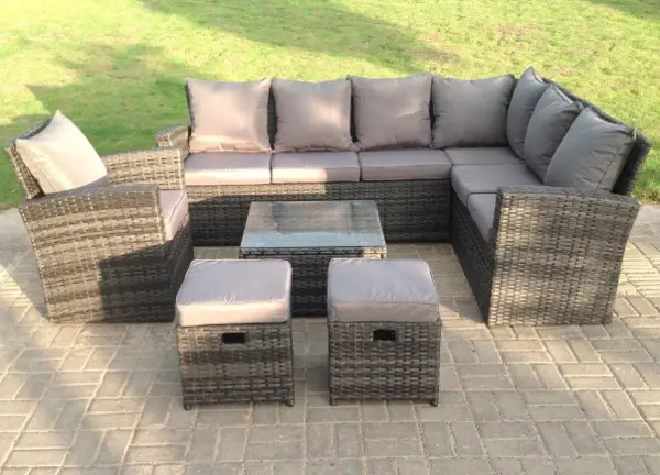 Image of Fimous 6 Seater Outdoor Dark Grey High Back Rattan Lounge Complete Sofa Set with Square Coffee Table, 2 Stools and Big Footstools