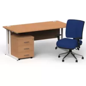 image of Impulse 1600/800 White Cant Desk Oak + 3 Dr Mobile Ped & Chiro Med Back Blue W/Arms