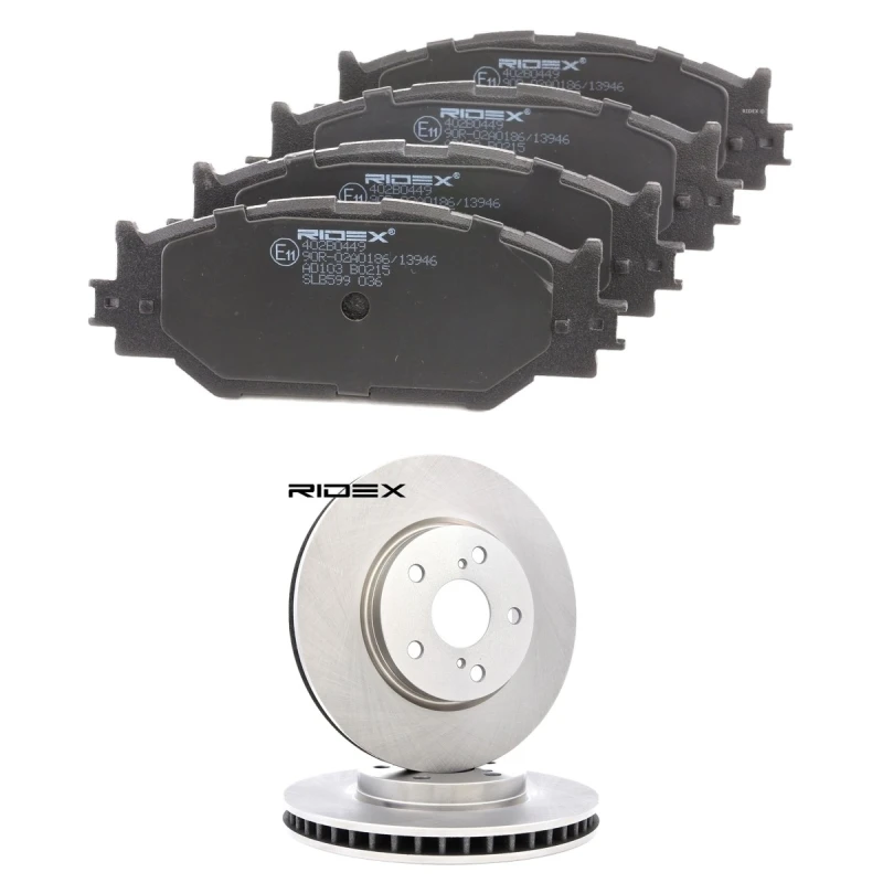 Image of RIDEX 3405B2560 Brake disc and pads set Front Axle, Brake Disc Type: internally vented, excl. wear warning contact Brake Set,disc brakes (3405)