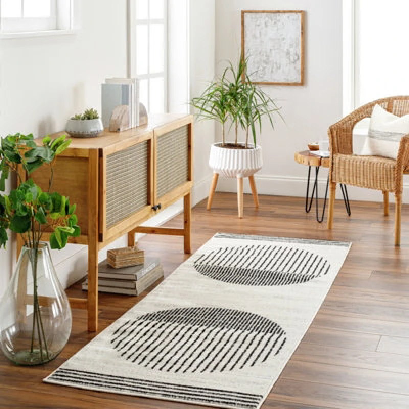 Image of Livabliss Scandi Geometric White/black Enso Runner Rug 80 X 220 Cm - Easy Care, Non Shedding, Ideal For Hallway Or Beside The Bed
