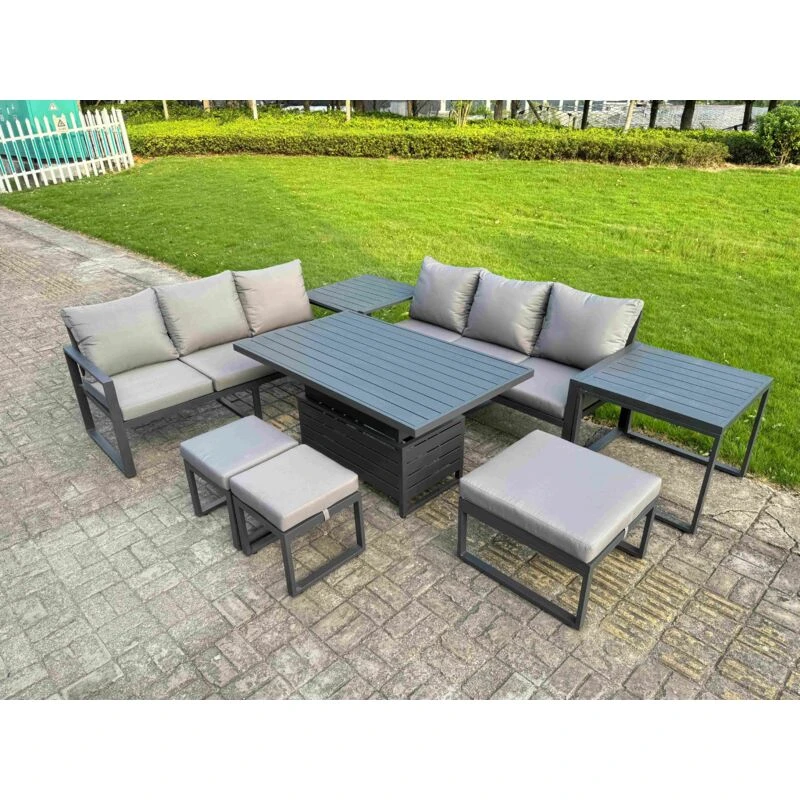 Image of Fimous Aluminum 8 Piece Sofa Set with Lifting Table, 2 Side Tables, Cushions in Dark Grey Dark Grey Unisex