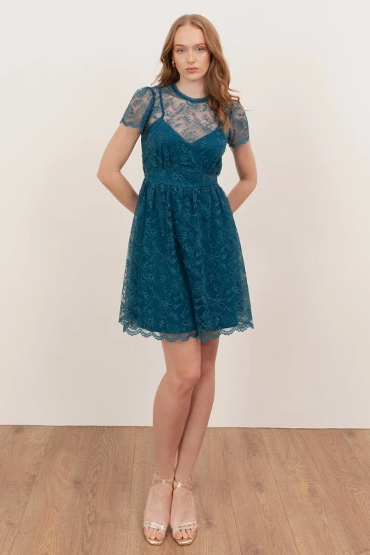 Image of Lovedrobe Womens Floral Lace Short Sleeve Mini Dress in Teal Size: 10 Teal Female 10