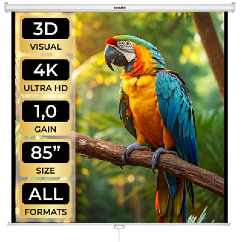 Image of Tectake Projector Screen - Retractable, Wall & Ceiling Mounted, HD Optimised, 2-Layers 152 X 152cm - White