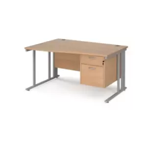 Image of Office Desk Left Hand Wave Desk 1400mm With Pedestal Beech Top With Silver Frame Maestro 25 MCM14WLP2SB