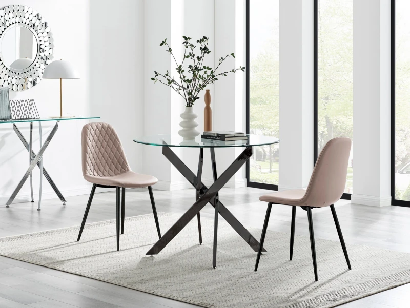 Image of FurnitureboxUK FurnitureboxUK Novara 100cm Round Black Leg Dining Table & 2 Corona Black Leg Chairs in Beige Beige One Size Unisex 5056784304594