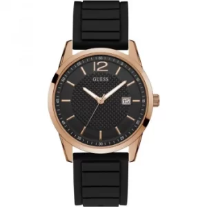 image of GUESS Gents rose gold watch with Black dial and silicone strap.