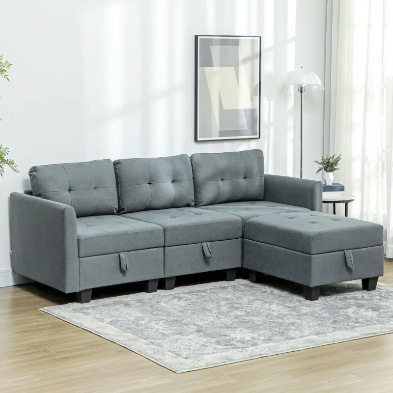 Image of HOMCOM Convertible Modular Sectional Sofa w/ Storage Wood Frame Dark Grey Dark Grey