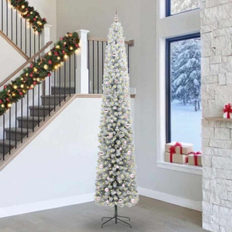 Image of vidaXL Artificial Christmas Tree with 300 LEDs, Pink Balls with Stand Snow Flocked Green 300 cm, Green 3395064