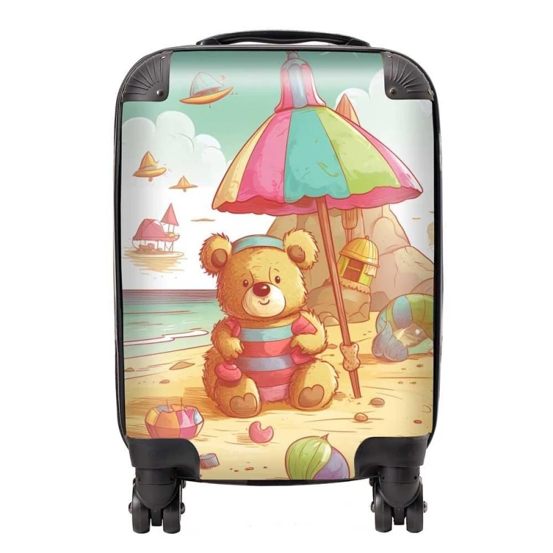 Image of Warren Reed - Designer Lucky Teddy Bear On A Beach Holiday Suitcase in Yellow Size: Small Yellow Unisex Small
