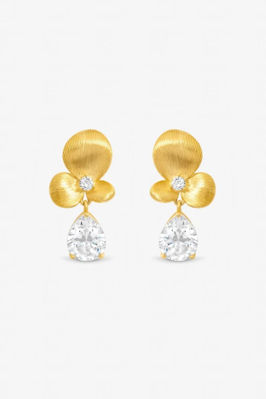 Image of Jon Richard Womens Gold Plated Brushed Floral & Crystal Drop Earrings Gold Female One Size