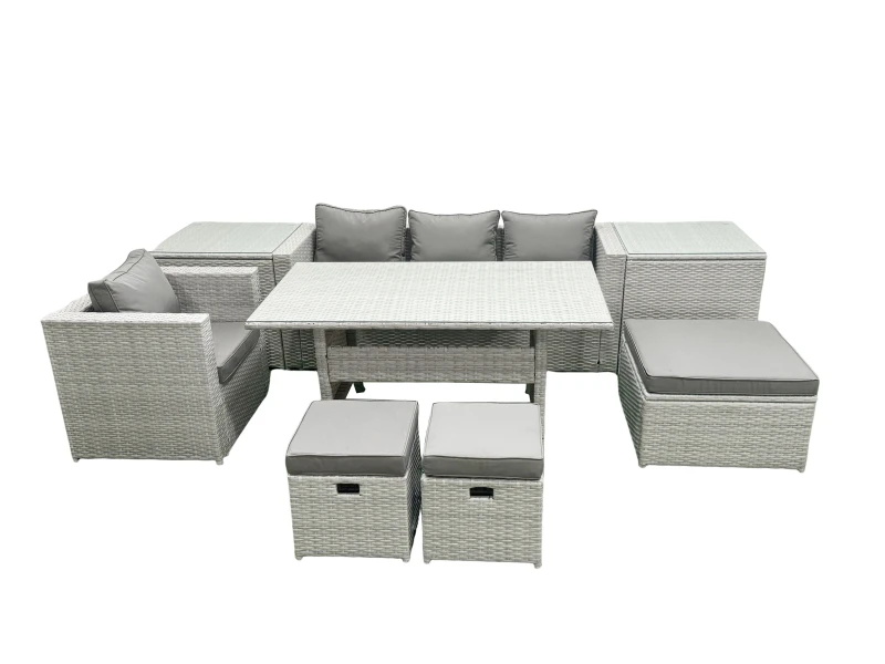 Image of Fimous Rattan Garden Furniture Dining Set 7 Seater Lounge Sofa Chair Dining Table Set with 3 Footstools 2 Side Tables Light Grey Mixed Light Grey