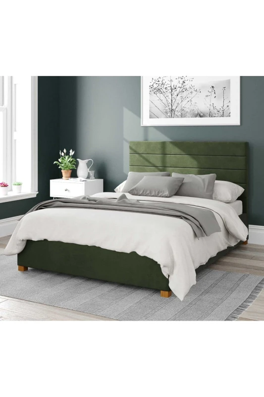 Image of Aspire Aspire Kelly Upholstered Ottoman Storage Bed, Plush Velvet Fabric in Dark Olive Size: Single Dark Olive Single Unisex 5057632178404