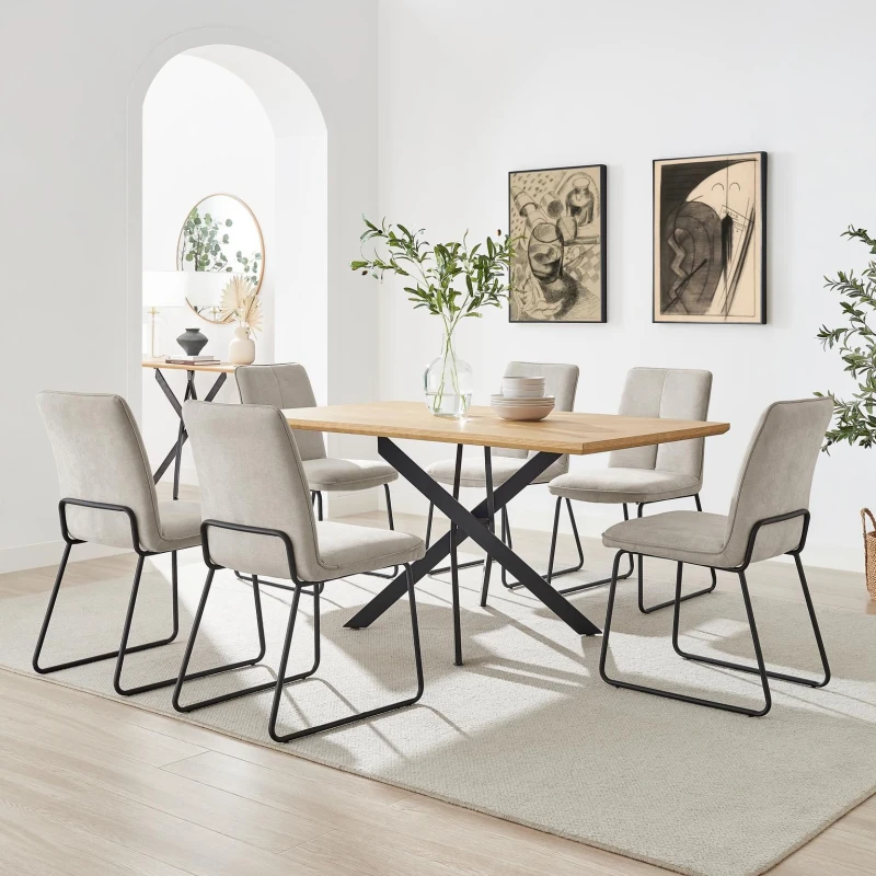 Image of FurnitureboxUK FurnitureboxUK Leonardo Oak Effect Dining Table & 6 Halley Taupe Fabric Chairs in Brown Brown One Size Unisex 5056784315422