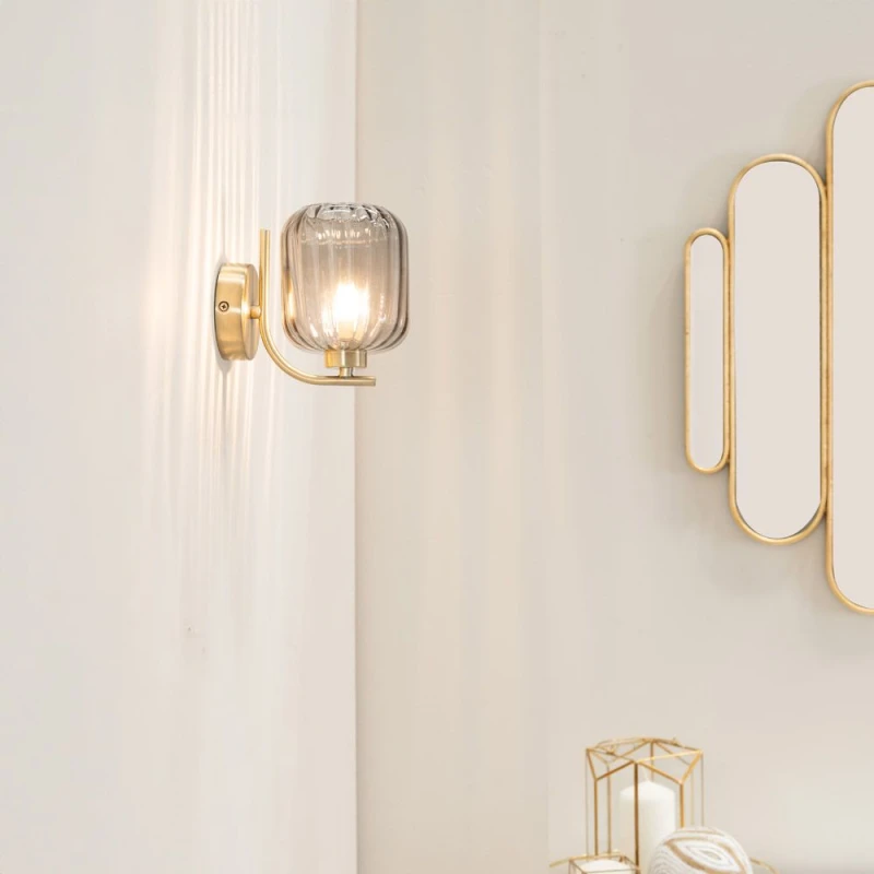Image of ValueLights Amelie Pair of Gold Stem Single Ribbed Glass Lamp Wall Light with LED Bulbs Gold