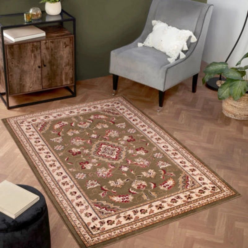 Image of Green Traditional Easy To Clean Floral Bordered Rug For Dining Room-120Cm X 170Cm
