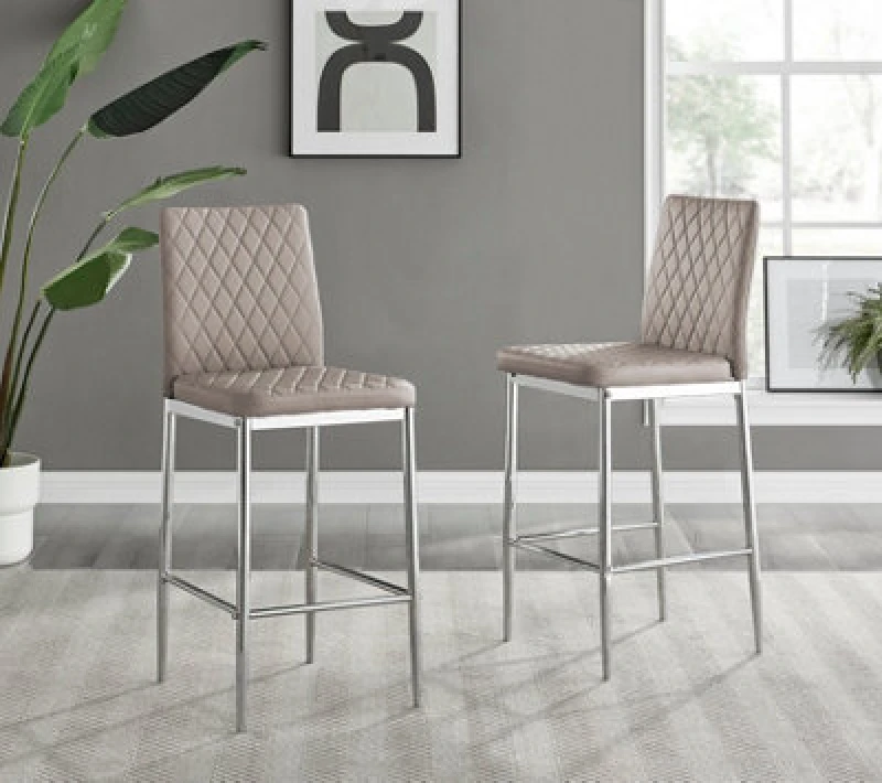 Image of Furniturebox Milan Cappuccino Beige Diamond-Stiched Faux Leather Silver Leg Padded Bar Stools (Set Of 2)