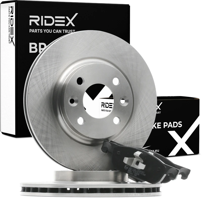 Image of RIDEX 3405B1006 Brake disc and pads set Front Axle, Brake Disc Type: internally vented, excl. wear warning contact Brake Set,disc brakes (3405)